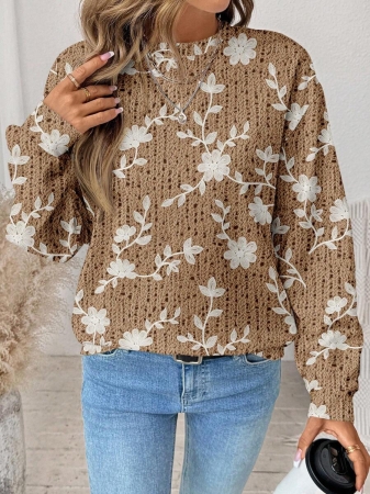 SHEIN LUNE Casual Cute Floral Pattern Round Neck Loose Fit Women Sweatshirt, Suitable For Autumn/Winter - Image 118