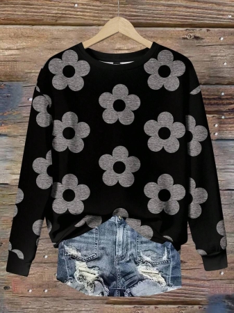 SHEIN LUNE Casual Cute Floral Pattern Round Neck Loose Fit Women Sweatshirt, Suitable For Autumn/Winter - Image 131