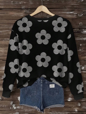 SHEIN LUNE Casual Cute Floral Pattern Round Neck Loose Fit Women Sweatshirt, Suitable For Autumn/Winter - Image 132