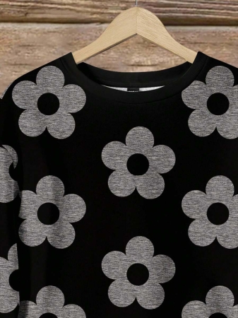 SHEIN LUNE Casual Cute Floral Pattern Round Neck Loose Fit Women Sweatshirt, Suitable For Autumn/Winter - Image 135