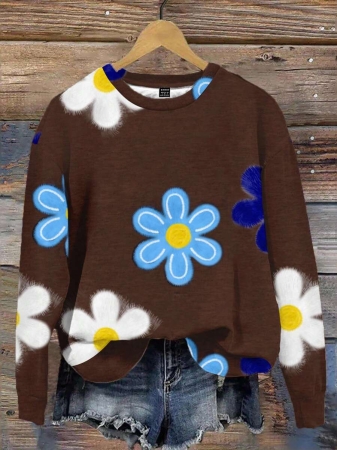 SHEIN LUNE Casual Cute Floral Pattern Round Neck Loose Fit Women Sweatshirt, Suitable For Autumn/Winter - Image 151