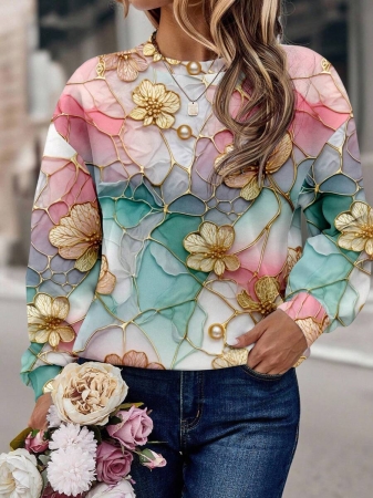 SHEIN LUNE Casual Cute Floral Pattern Round Neck Loose Fit Women Sweatshirt, Suitable For Autumn/Winter - Image 153