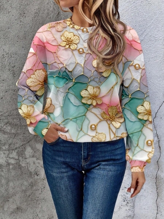 SHEIN LUNE Casual Cute Floral Pattern Round Neck Loose Fit Women Sweatshirt, Suitable For Autumn/Winter - Image 155