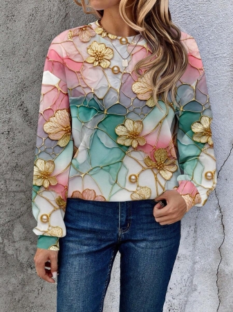 SHEIN LUNE Casual Cute Floral Pattern Round Neck Loose Fit Women Sweatshirt, Suitable For Autumn/Winter - Image 156