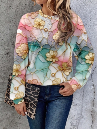 SHEIN LUNE Casual Cute Floral Pattern Round Neck Loose Fit Women Sweatshirt, Suitable For Autumn/Winter - Image 157