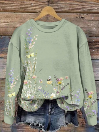 SHEIN LUNE Casual Cute Floral Pattern Round Neck Loose Fit Women Sweatshirt, Suitable For Autumn/Winter - Image 160