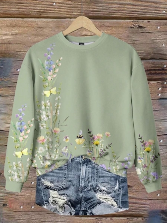 SHEIN LUNE Casual Cute Floral Pattern Round Neck Loose Fit Women Sweatshirt, Suitable For Autumn/Winter - Image 167