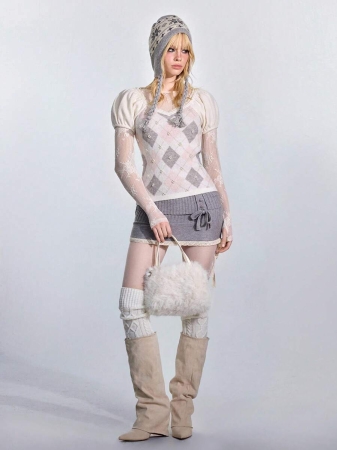 ROMWE Avant Y2K Aesthetic Diamond Pattern Cute Pearl Knit Tight Sweater For Women - Image 2