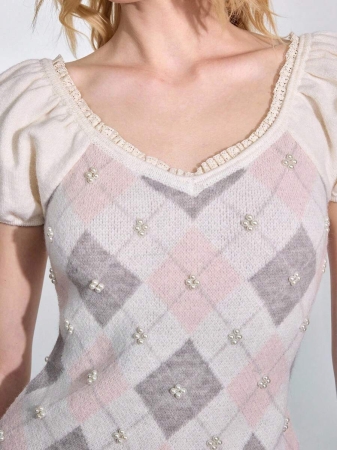 ROMWE Avant Y2K Aesthetic Diamond Pattern Cute Pearl Knit Tight Sweater For Women - Image 6