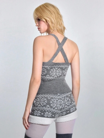 ROMWE Avant 2pcs Women Snowflake Pattern Front Tie Camisole Knit Top And Knitted Shorts Set - Image 4