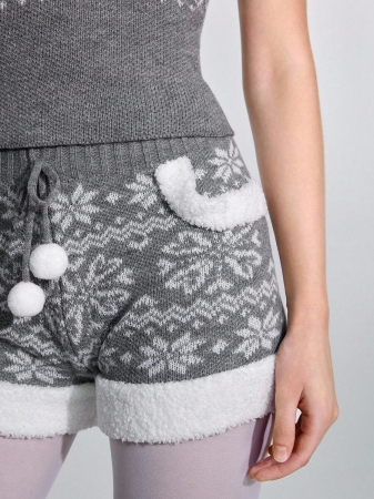 ROMWE Avant 2pcs Women Snowflake Pattern Front Tie Camisole Knit Top And Knitted Shorts Set - Image 5