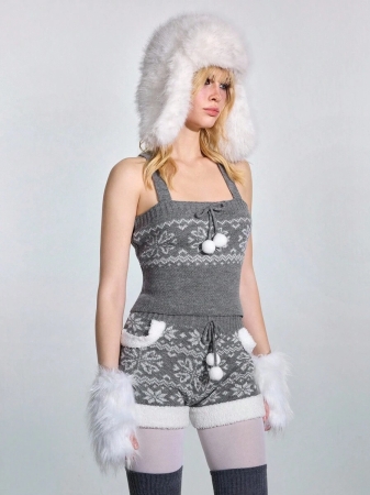 ROMWE Avant 2pcs Women Snowflake Pattern Front Tie Camisole Knit Top And Knitted Shorts Set - Image 7