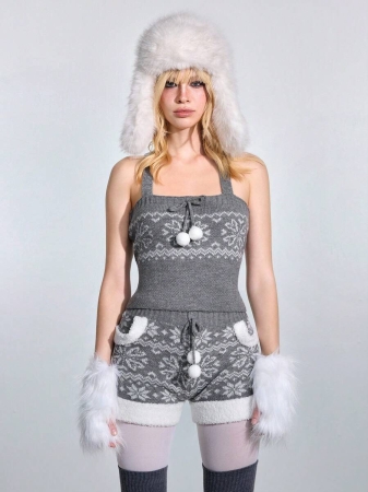 ROMWE Avant 2pcs Women Snowflake Pattern Front Tie Camisole Knit Top And Knitted Shorts Set - Image 8