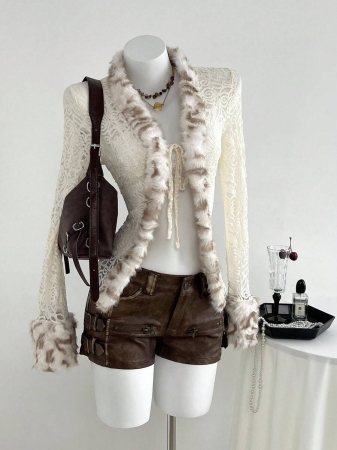 Elamini 1pc Apricot Lace Sheer Fur Collar Tie-Up Lightweight Mesh Vintage Style Jacket For Women, Autumn/Winter - Image 2