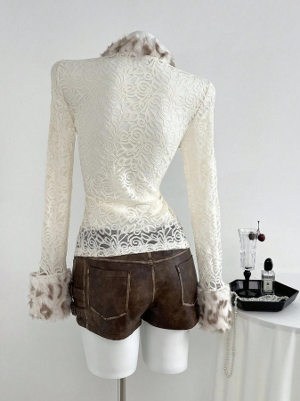 Elamini 1pc Apricot Lace Sheer Fur Collar Tie-Up Lightweight Mesh Vintage Style Jacket For Women, Autumn/Winter - Image 3