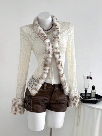 Elamini 1pc Apricot Lace Sheer Fur Collar Tie-Up Lightweight Mesh Vintage Style Jacket For Women, Autumn/Winter - Image 4