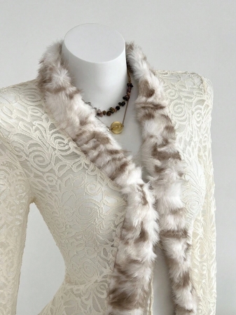 Elamini 1pc Apricot Lace Sheer Fur Collar Tie-Up Lightweight Mesh Vintage Style Jacket For Women, Autumn/Winter - Image 5