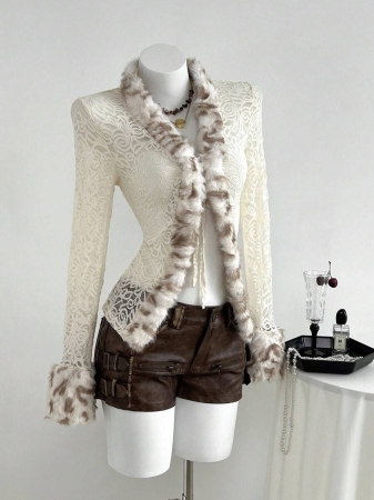 Elamini 1pc Apricot Lace Sheer Fur Collar Tie-Up Lightweight Mesh Vintage Style Jacket For Women, Autumn/Winter - Image 6
