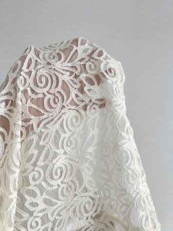 Elamini 1pc Apricot Lace Sheer Fur Collar Tie-Up Lightweight Mesh Vintage Style Jacket For Women, Autumn/Winter - Image 7