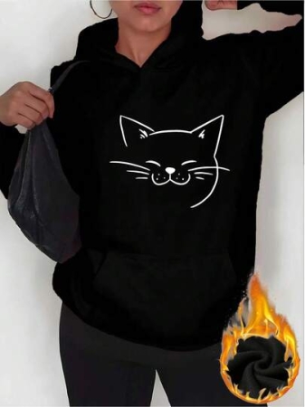 Women's Vintage Cat Face Print Hooded Sweatshirt, Smiling Tabby Cat Design, Soft Gray Pullover Sweater With Pockets, All-Season Casual Comfort, Machine Washable Cat Apparel, Patterned Letter Print, Velvet Texture, Loose Fit, Comfortable Hooded, Playful Cat Face And Paw Print Details, Solid Color Base, Vintage Style, Plus Size Available, Hoodie, Women's Hoodie, Women's Autumn Clothing - White And Navy Off-The-Shoulder Cropped Top