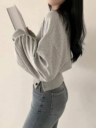 INAWLY Women's Solid Color Drop Shoulder Long Sleeve Waist Button Casual Sweatshirt, Autumn/Winter Graduation,Back To School,Graduation,Teacher For Women,Back To School Pullover Fall Sweatshirt - Image 3