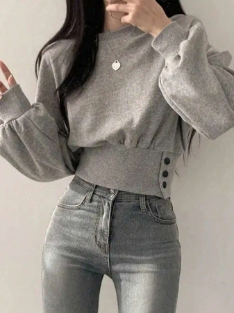 INAWLY Women's Solid Color Drop Shoulder Long Sleeve Waist Button Casual Sweatshirt, Autumn/Winter Graduation,Back To School,Graduation,Teacher For Women,Back To School Pullover Fall Sweatshirt - Image 4