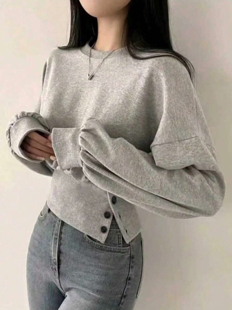 INAWLY Women's Solid Color Drop Shoulder Long Sleeve Waist Button Casual Sweatshirt, Autumn/Winter Graduation,Back To School,Graduation,Teacher For Women,Back To School Pullover Fall Sweatshirt - Image 5