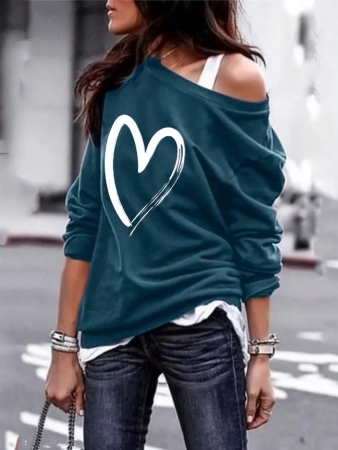 INAWLY Ladies' Asymmetrical Neck Long Sleeve Heart Print Sweatshirt,Long Sleeve Tops Graduation,Back To School Outfits,Graduation,Teacher Outfits For Women,Back To School Pullover Fall Outfit - Image 6