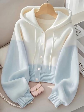 Women'S Casual Pink & White Color Block Hooded Sweater - Cozy Long Sleeve Cardigan With Button Details, Perfect For Fall/Winter, Relaxed Fit, Long Sleeve Sweater