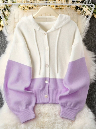 Women'S Casual Pink & White Color Block Hooded Sweater - Cozy Long Sleeve Cardigan With Button Details, Perfect For Fall/Winter, Relaxed Fit, Long Sleeve Sweater - Image 8
