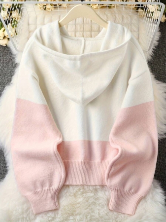 Women'S Casual Pink & White Color Block Hooded Sweater - Cozy Long Sleeve Cardigan With Button Details, Perfect For Fall/Winter, Relaxed Fit, Long Sleeve Sweater - Image 9