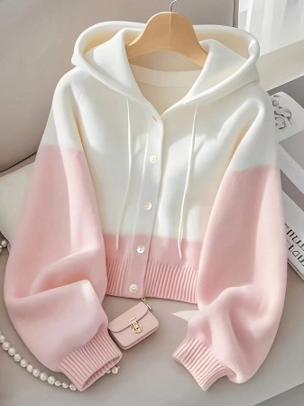 Women'S Casual Pink & White Color Block Hooded Sweater - Cozy Long Sleeve Cardigan With Button Details, Perfect For Fall/Winter, Relaxed Fit, Long Sleeve Sweater - Image 13