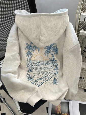 SHEIN Women's Casual Loose Fit Palm Tree Print Long Sleeve Hoodie Sweatshirt, Autumn