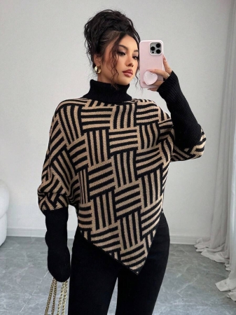 Elenzga Women's Elegant High Neck Geometric Textured Poncho Sweater, Colorblock, Suitable For Home & Travel, Spring/Autumn - Image 5