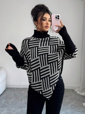 Elenzga Women's Elegant High Neck Geometric Textured Poncho Sweater, Colorblock, Suitable For Home & Travel, Spring/Autumn - Image 8