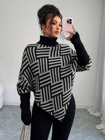 Elenzga Women's Elegant High Neck Geometric Textured Poncho Sweater, Colorblock, Suitable For Home & Travel, Spring/Autumn - Image 10