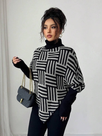 Elenzga Women's Elegant High Neck Geometric Textured Poncho Sweater, Colorblock, Suitable For Home & Travel, Spring/Autumn - Image 12