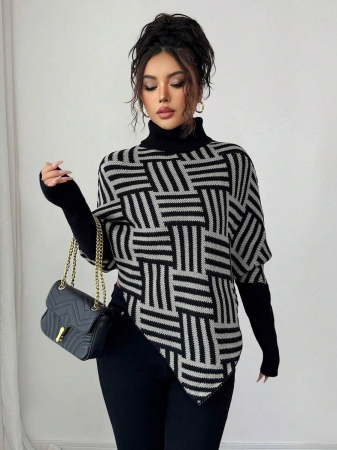 Elenzga Women's Elegant High Neck Geometric Textured Poncho Sweater, Colorblock, Suitable For Home & Travel, Spring/Autumn - Image 13