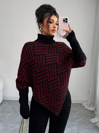 Elenzga Women's Elegant High Neck Geometric Textured Poncho Sweater, Colorblock, Suitable For Home & Travel, Spring/Autumn - Image 16