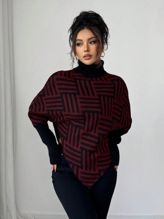 Elenzga Women's Elegant High Neck Geometric Textured Poncho Sweater, Colorblock, Suitable For Home & Travel, Spring/Autumn - Image 17