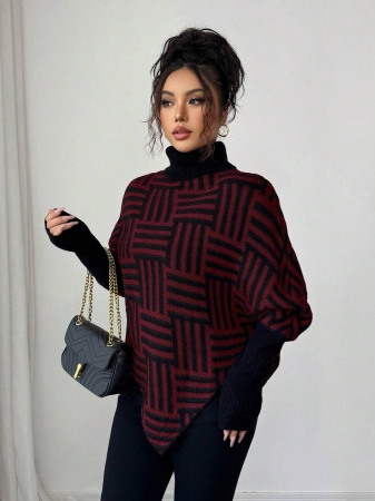 Elenzga Women's Elegant High Neck Geometric Textured Poncho Sweater, Colorblock, Suitable For Home & Travel, Spring/Autumn - Image 18