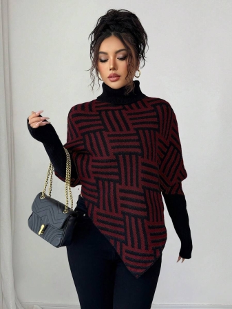 Elenzga Women's Elegant High Neck Geometric Textured Poncho Sweater, Colorblock, Suitable For Home & Travel, Spring/Autumn - Image 19