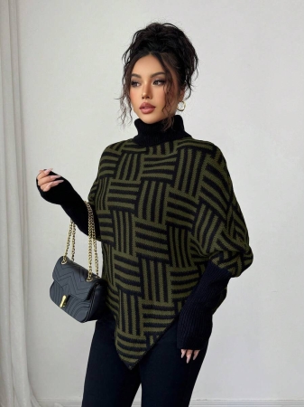 Elenzga Women's Elegant High Neck Geometric Textured Poncho Sweater, Colorblock, Suitable For Home & Travel, Spring/Autumn - Image 22