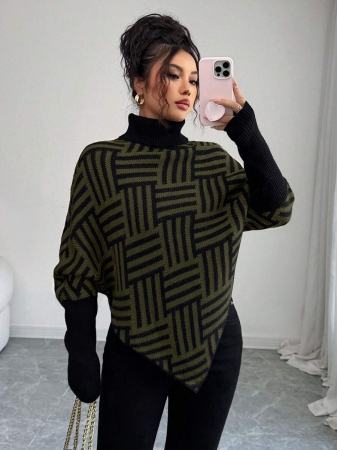 Elenzga Women's Elegant High Neck Geometric Textured Poncho Sweater, Colorblock, Suitable For Home & Travel, Spring/Autumn - Image 24