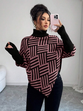 Elenzga Women's Elegant High Neck Geometric Textured Poncho Sweater, Colorblock, Suitable For Home & Travel, Spring/Autumn - Image 26