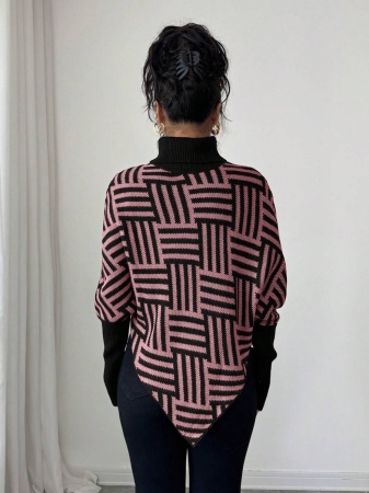 Elenzga Women's Elegant High Neck Geometric Textured Poncho Sweater, Colorblock, Suitable For Home & Travel, Spring/Autumn - Image 27