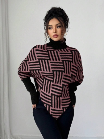 Elenzga Women's Elegant High Neck Geometric Textured Poncho Sweater, Colorblock, Suitable For Home & Travel, Spring/Autumn - Image 28