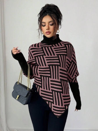 Elenzga Women's Elegant High Neck Geometric Textured Poncho Sweater, Colorblock, Suitable For Home & Travel, Spring/Autumn - Image 29