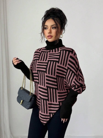 Elenzga Women's Elegant High Neck Geometric Textured Poncho Sweater, Colorblock, Suitable For Home & Travel, Spring/Autumn - Image 30