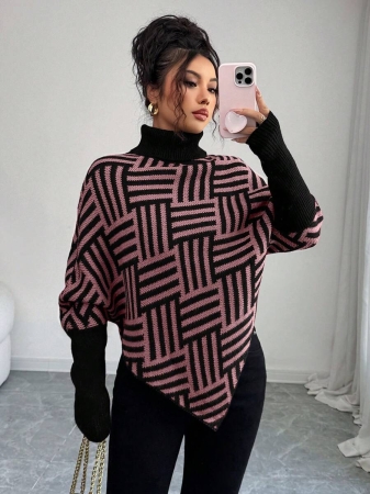 Elenzga Women's Elegant High Neck Geometric Textured Poncho Sweater, Colorblock, Suitable For Home & Travel, Spring/Autumn - Image 31